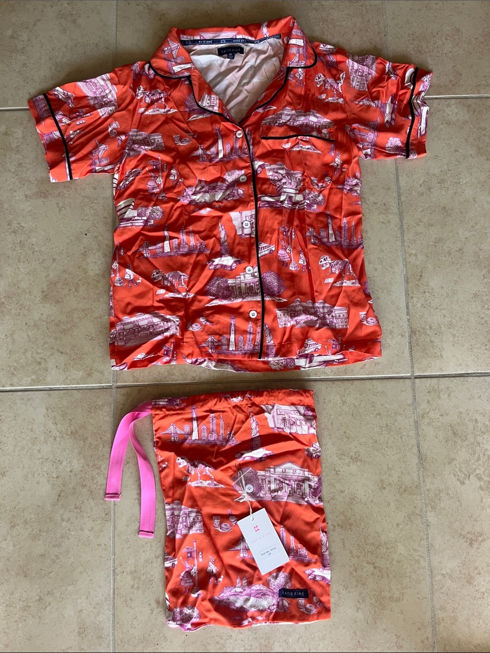XS Silky Red Printed Pajama Set with Black Piping
